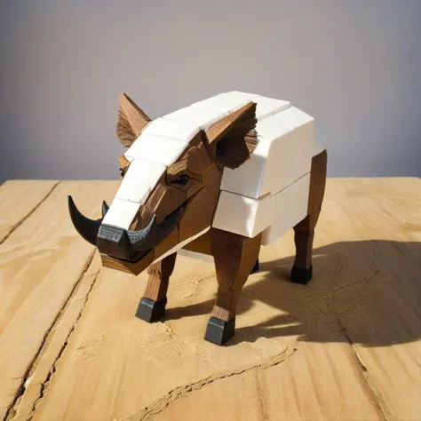 <lora:Burr_Puzzle:1> a handcrafted Warthog in the style of a burr puzzle made from Styrofoam, on a fancy table in desert of shadows, studio photography, detailed background, gaps, split, joinery, toy