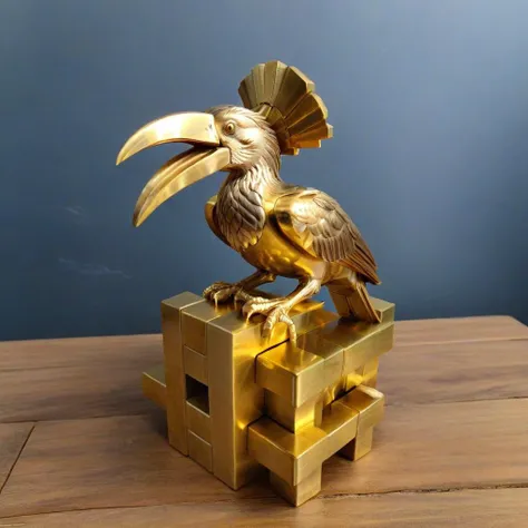 <lora:Burr_Puzzle:1> a handcrafted Yellow-billed hornbill in the style of a burr puzzle made from Brass, on a fancy table in floating castle, studio photography, detailed background, gaps, split, joinery, toy