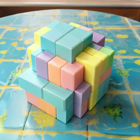 <lora:Burr_Puzzle:1> a handcrafted Conditioner in the style of a burr puzzle made from Pastel, on a fancy table in solar farm, studio photography, detailed background, gaps, split, joinery, toy, nested, interlocked