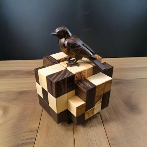 <lora:Burr_Puzzle:1> a handcrafted Bird in the style of a burr puzzle made from Ebony, on a fancy table in geyser field, studio photography, detailed background, gaps, split, joinery, toy