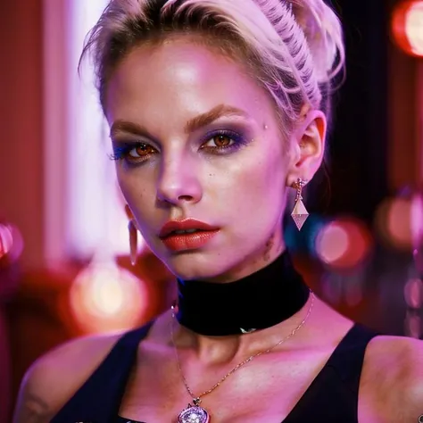 (masterpiece:1.2), (best quality,:1.2), 8k, highly detailed, hyperrealistic, cinematic lighting, ambient lighting, Delta, <lora:Delta-10:1>, earrings, choker, necklace, jewelry, rings, looking at viewer, glossy lipstick, dynamic pose, upper body shot, (((extremely pale white skin))), short hair