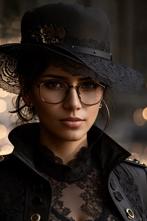 medium shot photo of a mix of (military-style jacket, lace jabot, and steampunk-style glasses:0.8) and (haute couture:0.5) (sks woman:0.99), nice cleavage, intricate steampunk+ city, evening, dark, atmospheric, mist, best quality masterpiece, photorealistic, detailed, 8k, HDR, shallow depth of field, broad light, high contrast, backlighting, bloom, light sparkles, chromatic aberration, sharp focus, RAW color photo,<lora:halleBerry_v10:1.3><lora:epiNoiseoffset_v2Pynoise:1.0>