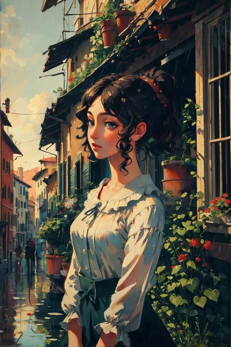 (high quality, masterpiece:1.4) (closeup:1) 1800s, italian girl, dawn, italy city, rain, oil painting, Impressionism, ponytail black hair <lora:deep:0.4> <lora:style-7shot:0.5> <lora:bichu-v0612 oilpainting:0.2> <lora:zoom_slider_v1:1>