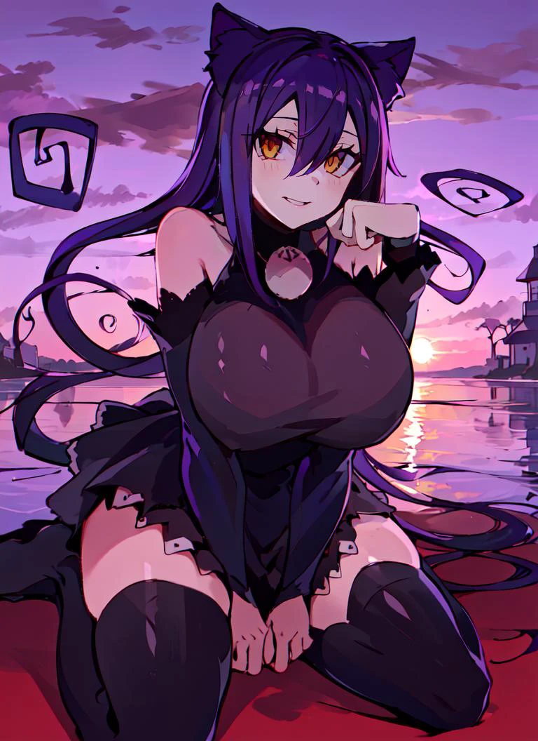 ((best quality)), ((highly detailed)), masterpiece, absurdres, (detailed eyes, deep eyes), (1girl), dynamic angle, full body, ((wide shot)), <lora:blairSoulEater_v20:.9>, Blair (Soul Eater), yellow eyes, long hair, purple hair, curls, large breasts, grin, paw pose, purple cat ears, black dress, detached sleeves, thigh boots, neck bell, (outdoors, on a flying island, morning, sunrise), <lora:DEEP-Ink Heavy:1.25>, Tritone, sharp hard shadows, outlines, smudged, inked art, DEEPINK