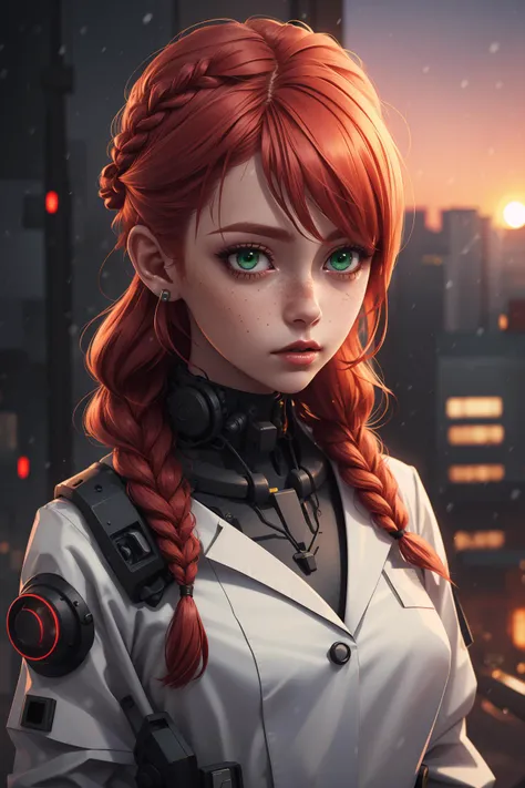 1girl, closeup bust, highly detailed white costume, doctor cyberpunk costume, cyberpunk hospital inside, intricate, sharp focus, freckles, detailed background, PunkAI, winter, braid redhead, green eyes, sunset <lora:CyberpunkStyleV1:0.5> <lora:deep:0.4> <lora:slider-hotarucontrast_v100:0.0>