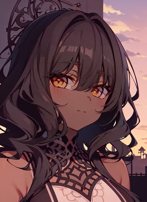 ((best quality)), ((highly detailed)), masterpiece, absurdres, detailed face, beautiful face, (detailed eyes, deep eyes), (1girl), upper body, ((dark skin, dark-skinned female, ebony)):1.2, black hair, (very curly hair), amber yellow eyes, (outside, in a mansion, sunset), <lora:DEEP-Ink Heavy:1.25>, Tritone, sharp hard shadows, outlines, smudged, inked art, DEEPINK
