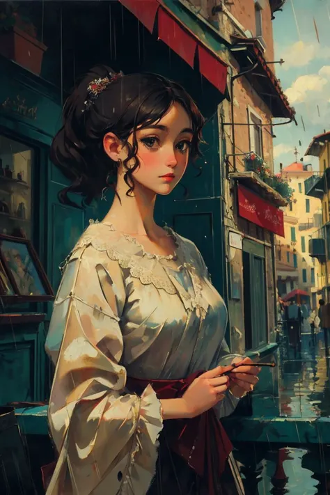 (high quality, masterpiece:1.4) (closeup:1) 1800s, italian girl, dawn, italy city, rain, oil painting, Impressionism, ponytail black hair <lora:deep:0.4> <lora:style-7shot:0.5> <lora:bichu-v0612 oilpainting:0.2> <lora:zoom_slider_v1:1>