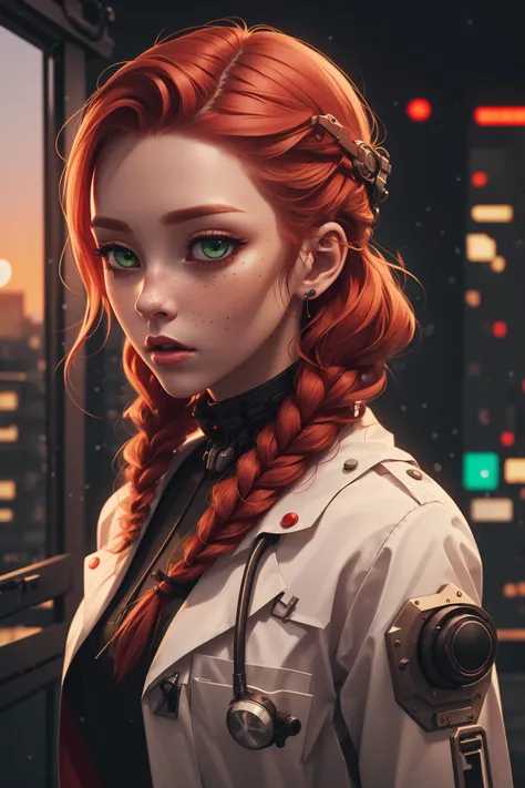 1girl, closeup bust, highly detailed white costume, doctor cyberpunk costume, cyberpunk hospital inside, intricate, sharp focus, freckles, detailed background, PunkAI, winter, braid redhead, green eyes, sunset <lora:CyberpunkStyleV1:0.5> <lora:deep:0.4> <lora:slider-hotarucontrast_v100:0.0>