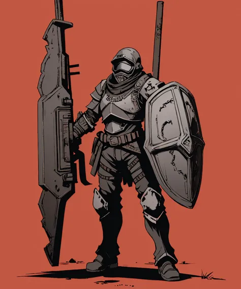 post-apocalyptic heavy metal armor, BREAK (punk, post-apocalyptic, :1.1), holding giant metal shield, active pose,
BREAK Red background
<lora:DEEP-Ink Light:1.25> Tritone, sharp hard shadows, outlines, smudged, inked art, DEEPINK