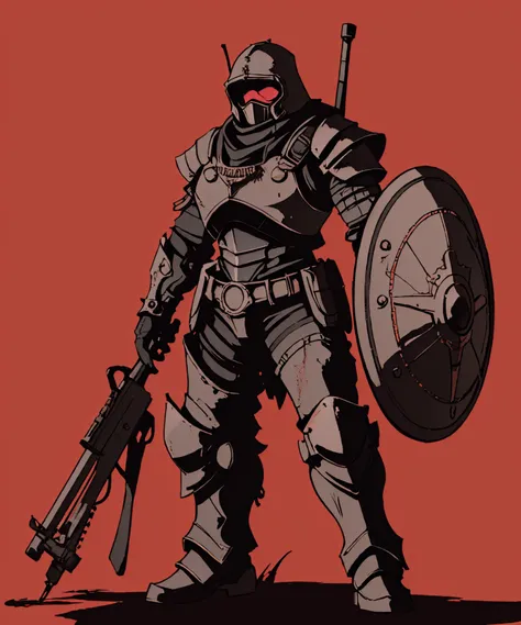 post-apocalyptic heavy metal armor, BREAK (punk, post-apocalyptic, :1.1), holding giant metal shield, active pose,
BREAK Red background
<lora:DEEP-Ink Medium:1.25> Tritone, sharp hard shadows, outlines, smudged, inked art, DEEPINK