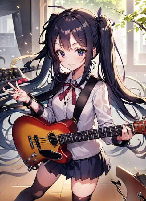 <lora:old%20BanG%20Dream%21%20style:1>, 1 girl, student, (18yo), cute, long black hair, twin tail hairstyle, (blue eyes:0.9), smiling, holding a bass guitar, fingers on strings, plucking strings, playing a melody, standing, school uniform, (open collar:1.2), white shirt, navy blue skirt, (knee-high socks:1.1), black loafers, music room, wooden floor, musical instruments, posters on walls, sunlight from the window, optimistic atmosphere, (blurry background:0.8), music note symbols.