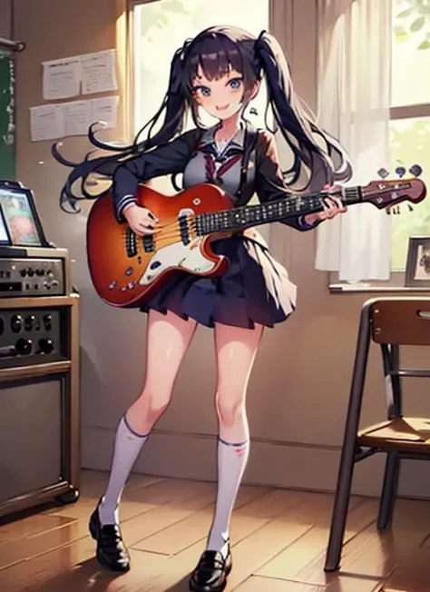 <lora:old%20BanG%20Dream%21%20style:1>, 1 girl, student, (18yo), cute, long black hair, twin tail hairstyle, (blue eyes:0.9), smiling, holding a bass guitar, fingers on strings, plucking strings, playing a melody, standing, school uniform, (open collar:1.2), white shirt, navy blue skirt, (knee-high socks:1.1), black loafers, music room, wooden floor, musical instruments, posters on walls, sunlight from the window, optimistic atmosphere, (blurry background:0.8), music note symbols.