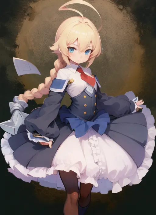 (masterpiece, best quality, high resolution),cowboy shot, 1girl, esms, frills, single braid, necktie, dress, center frills, pantyhose <lora:EsMS:1>