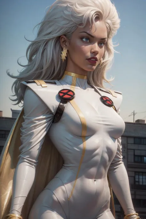 3D render,upper body,1girl, CARTOON_X_MENs_Storm,ownwaifu,white hair,dark-skinned female,blue eyes,very dark skin,lipstick,very long big curly hair,makeup,toned, jewelry,earrings,cape,bracelet,bodysuit,gloves,superhero,choker,<lora:CARTOON_X_MEN90s_Storm-15:1>, <lora:add_detail:0.5>,<lora:ReaLora:0.5>