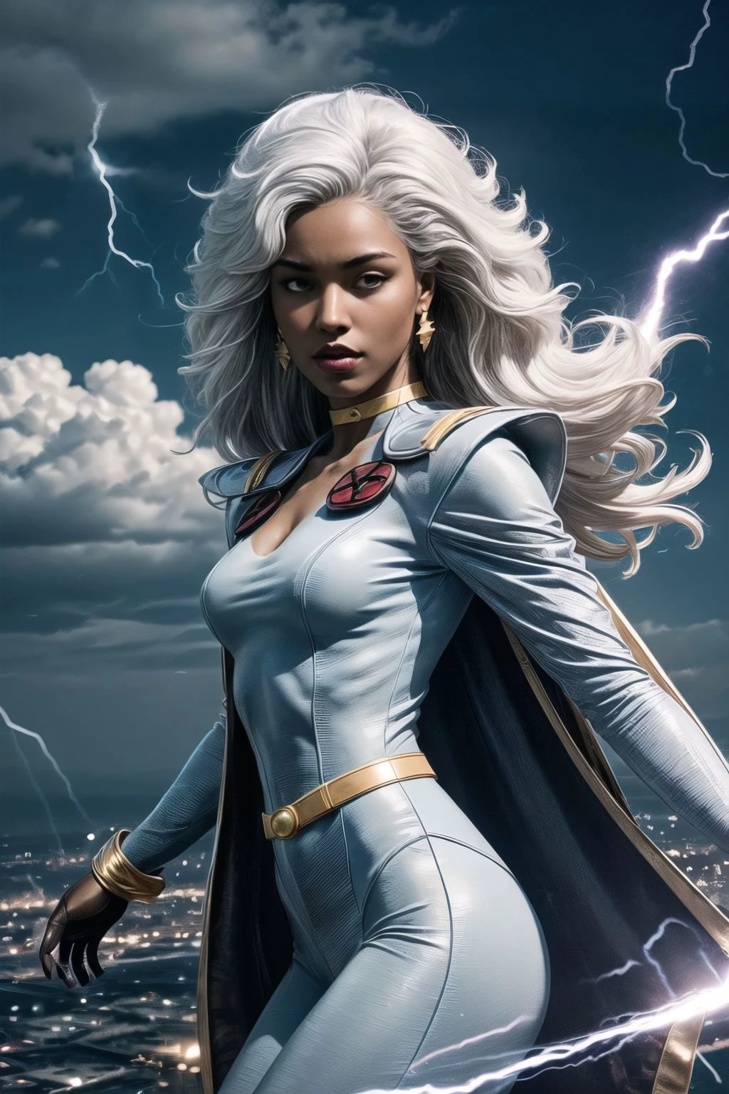 (white hair:1.4), (masterpiece:1.3), best quality:1.4, detailed unity 8k wallpaper, highres, absurdres:1.2, depth of field:1.3, perfect lighting, flying, sky background, BREAK
(super-perfect anatomy head face fingers limbs arms hands legs), BREAK
(super-beautiful-detailed 1woman body hair face nose fingers bodysuit skin), slender:1.5, constricted waist:1.3, BREAK
CARTOON_X_MENs_Storm, ownwaifu, long hair, white hair, big hair, curly hair, dark skin, dark-skinned female, red lips, white of eyes, very dark skin, lipstick, floating hair, very long hair, makeup, eyelashes, toned, jewelry, earrings, cape, bracelet, bodysuit, gloves, superhero, choker,, BREAK (2
solo, , flying in the sky, , thunder, cinematic, beautiful figure, cowboy shot thundermagic, excessive energy, charged aura
0: realistic, CARTOON_X_MENs_Storm
2: (realistic,
6: realistic
9: realistic, 2
12: realistic,
23:realistic,,