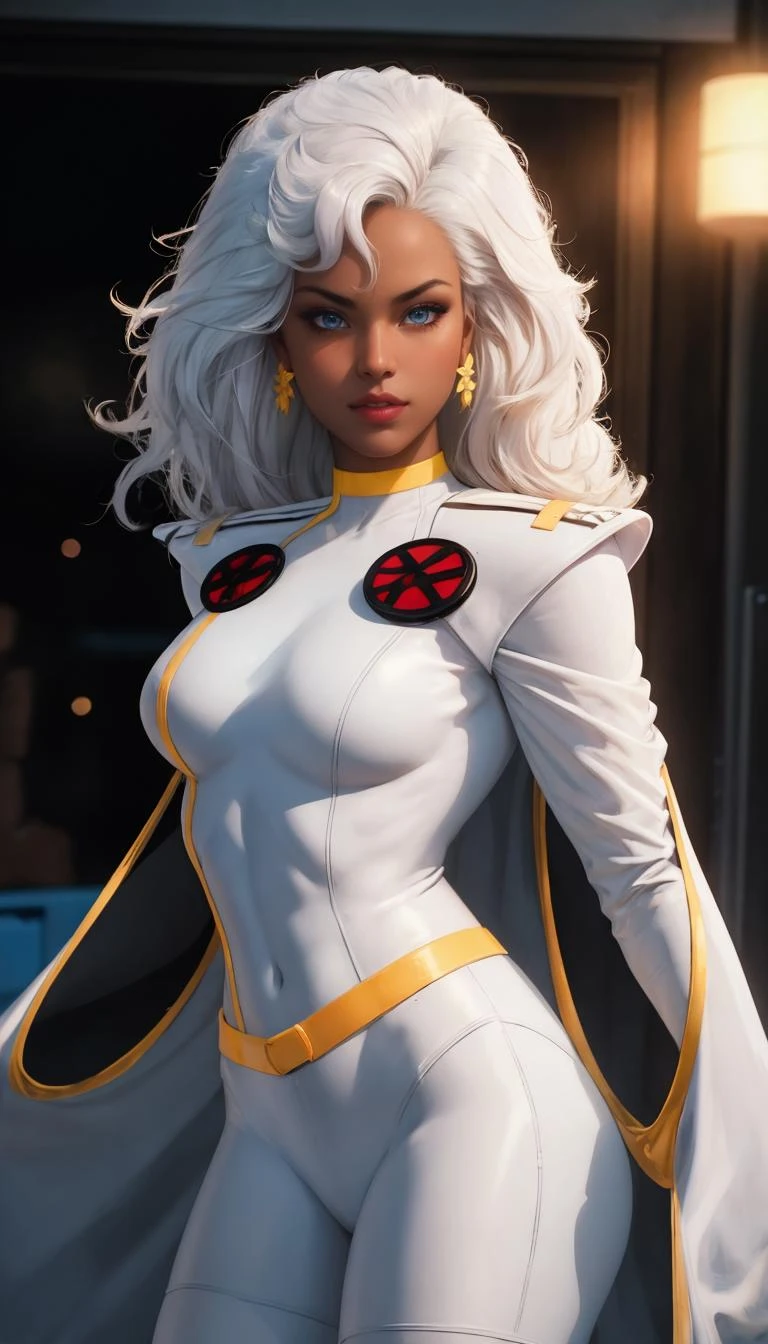CARTOON_X_MENs_Storm,ownwaifu,
long hair,white hair,dark skin,dark-skinned female,breasts,lips,blue eyes,very dark skin,medium breasts,lipstick,floating hair,very long hair,makeup,big hair,curly hair,red lips,eyelashes,toned,
jewelry,earrings,cape,bracelet,bodysuit,gloves,superhero,choker,
<lora:CARTOON_X_MEN90s_Storm:1>, official art,extremely detailed CG unity 8k wallpaper, perfect lighting,Colorful, Bright_Front_face_Lighting,shiny skin, (masterpiece:1.0),(best_quality:1.0), ultra high res,4K,ultra-detailed, photography, 8K, HDR, highres, (absurdres:1.2), Kodak portra 400, film grain, blurry background, (bokeh:1.2), lens flare, (vibrant_color:1.2),professional photograph, (beautiful_face:1.5),