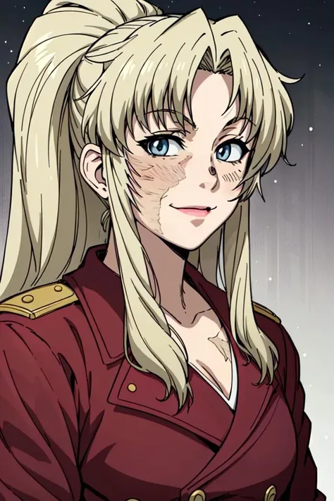 (anime), (illustration), cartoon, detailed, balalaika, 1girl, solo, long hair, blue eyes, blonde hair, ponytail, scar, parody, burn scar , smile, looking at viewer, blush, kawaii <lora:balalaika-15:0.55>