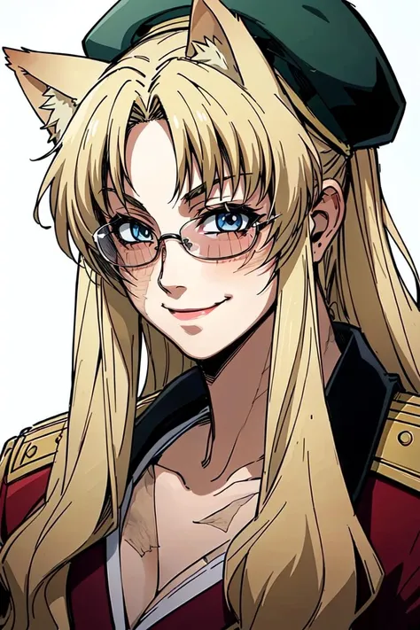balalaika, 1girl, solo, long hair, blue eyes, blonde hair, ponytail, scar, parody, closed mouth, fake cat ears, beret, black sunglasses, mature female, (burn scar:1.2) , smile, looking at viewer, blush, kawaii <lora:balalaika-15:0.55>