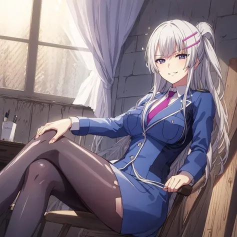 masterpiece,best quality,highly detailed, extremely detailed CG unity 8k wallpaper,illustration,Froleytia,medium breasts,expressionless,seductive smile,facing viewer,looking at viewer,crossed legs,arms at sides,bedroom,window,black legwear,night,snowing