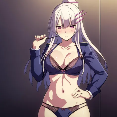 ((masterpiece)),((highres)),((best quality)),((highly detailed)),((extremely detailed CG unity 8k wallpaper)),illustration,nsfw,Froleytia,embarrassed,blush,medium breasts,looking at viewer,black lace bra,lace-trimmed panties,hand on hip