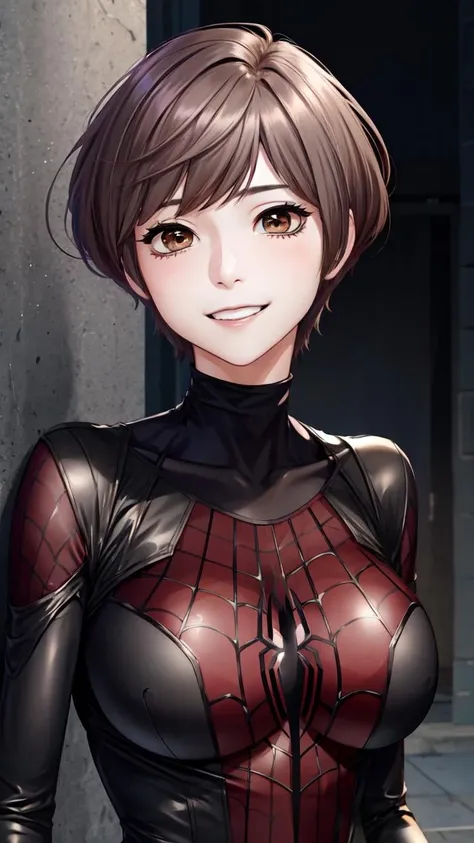 <lora:Lina_SW:0.7>, Linadef, brown eyes, short hair, smile, brown hair
Medium shot, portrait
black background, simple background
masterpiece, best quality
 <lora:attire_spider-man-12:0.6> spider suit, spider web print, spider web,