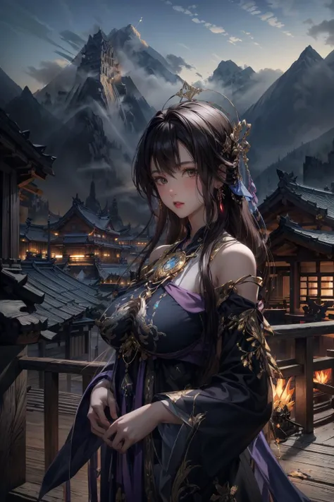 pov,looking at viewer,masterpiece,best quality,highly detailed,Amazing,finely detail,extremely detailed CG unity 8k wallpaper,score:>=60,xiannv,long sleeves,bare shoulders,outdoors,facing viewer,mountain,east asian architecture,upper body,