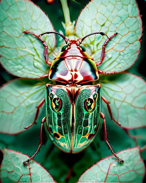 photograph, bug, it is Beautiful, detailed Amaranth and Mint green background, soft lighting, Kodak UltraMax 400, 80mm, Film Washi, Golden ratio, <lora:HighTech_Insect:1> BugCraft