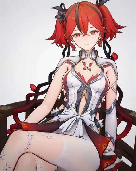 masterpiece,best quality,
<lora:chun_mc_xl:0.8>,anotherstyle,chun2,3dchun2,chun,1girl,solo,breasts,red hair,white background,looking at viewer,twintails,sitting,jewelry,