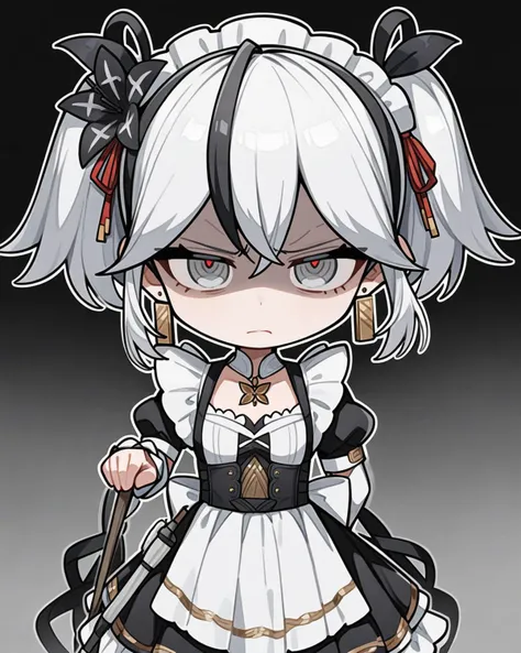 masterpiece,best quality,maid,maid_headdress,looking at viewer,disgust,shaded face,chibi,cleaning,
<lora:chun_mc_xl:0.7>,chun,1girl,jewelry,earrings,solo,bangs,hair ornament,white hair,twintails, grey eyes,