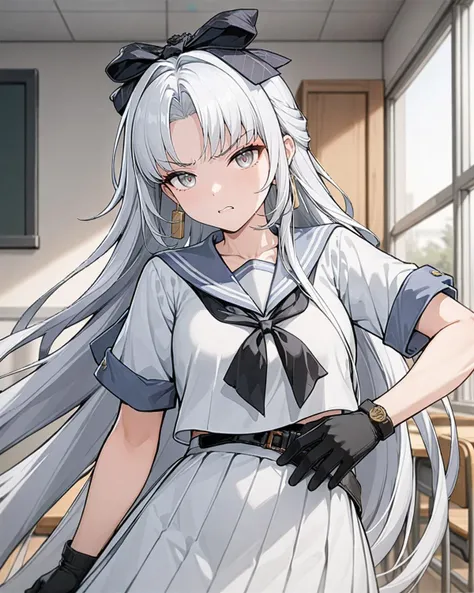 masterpiece,best quality,classroom,sailor,sailor skirt,sailor collar,looking at viewer,angry,hand on stomach,
<lora:chun_mc_xl:0.7>,oldchun,1girl,solo,long hair,gloves,jewelry,very long hair,grey eyes,black bow,white hair,bow,tattoo,bangs,earrings,parted bangs,hair bow,