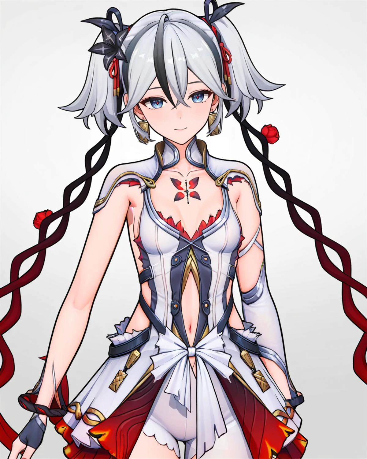 masterpiece,best quality,
<lora:chun_mc_xl:0.7>,anotherstyle, 3dchun, chun, 1girl, solo, earrings, white background, looking at viewer, blue eyes, jewelry, grey hair, , navel, simple background, dress, twintails, small , gloves, multicolored hair, hair ornament