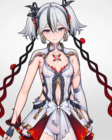 masterpiece,best quality,
<lora:chun_mc_xl:0.7>,anotherstyle, 3dchun, chun, 1girl, solo, earrings, white background, looking at viewer, blue eyes, jewelry, grey hair, breasts, navel, simple background, dress, twintails, small breasts, gloves, multicolored hair, hair ornament