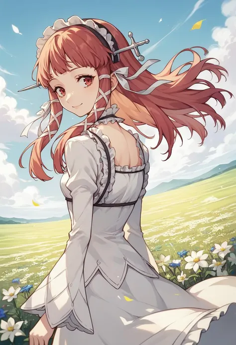 score_9, score_8_up, score_7_up, source_anime, 1girl, looking back, smile, <lora:persona3_yoshino_ponyXL:1> yoshino chidori, hair ribbon, hairband, frills, white dress, ribbon, frilled choker, field of flowers, sky