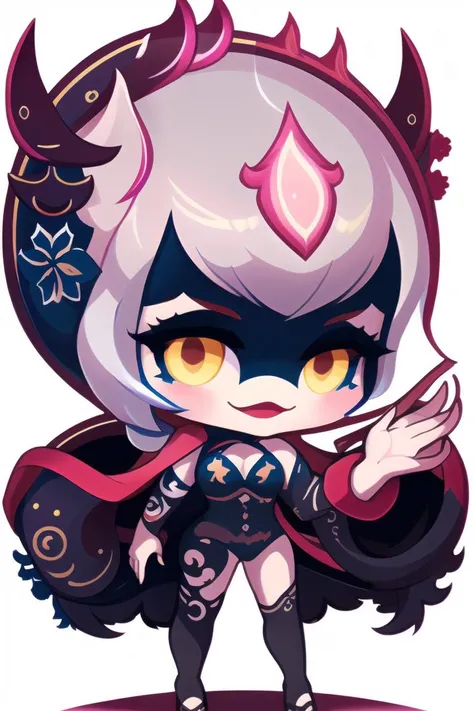 best quality, intricate details, full body, smiling, happy,
1girl, <lora:evelynnDefaultLora_evelynnv1:0.8> Evelynn_Default, slit_pupils, glowing_eyes, black_sclera, white_hair,
<lora:maplestoryStyle_v30:0.8> chibi, <lora:opinew6ChibiStyle_opinew6V1:0.8> <lora:twitchEmotesLORA_v13:0.8> twitch emoji,
