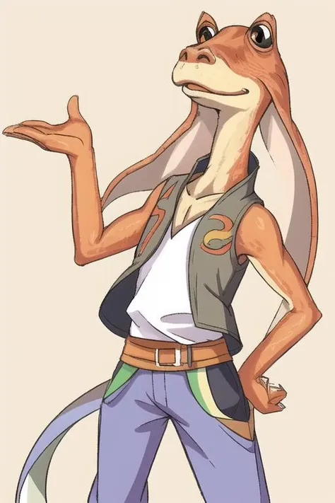 jar jar binks, dancing, vest, rainbow background, 1boy, solo, jar jar binks, pants, <lora:jarJarBinksGunganStar_v3:0.3>  <lora:opinew6ChibiStyle_opinew6V1:0.8>