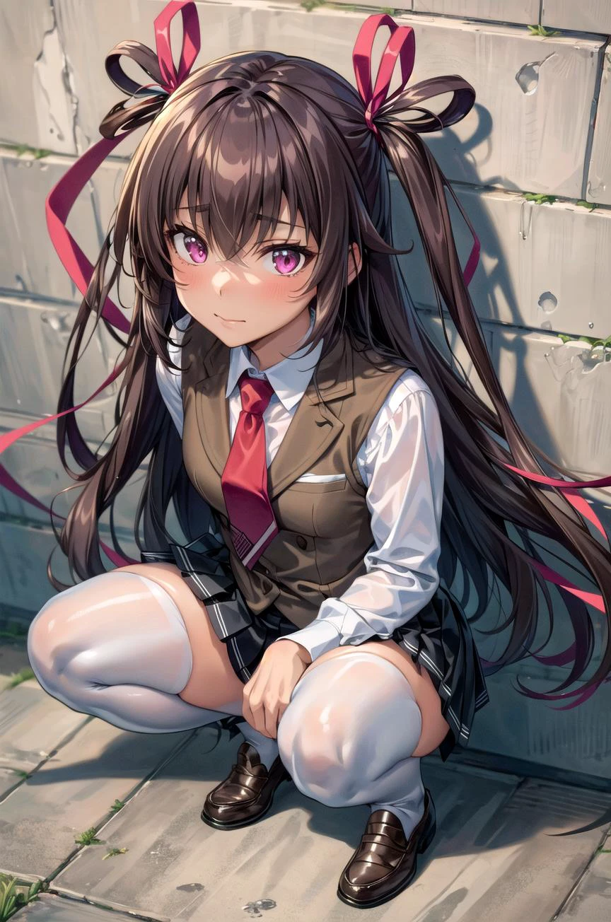 (masterpiece,best quality, detailed), 1girl, solo, outdoors, day, against wall, looking at viewer, from above, squatting, closed mouth,
mizuki yukikaze, hair ribbon, school uniform, red necktie, white shirt, pleated skirt, black skirt, white thighhighs, brown vest, long sleeves, loafers, <lora:MizukiYukikazeV1_1:1>, <lora:more_details:0.3>