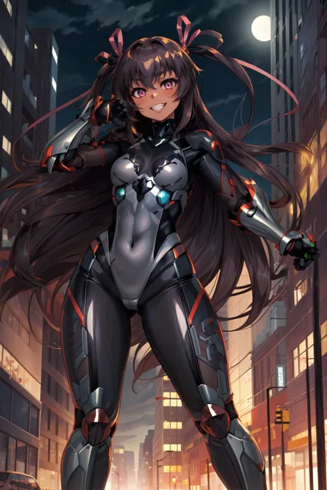 masterpiece,best quality,1girl,mizuki yukikaze,wide hips,thick thighs,hair ribbon,black bodysuit,fishnets,pauldrons,gauntlets,grin,standing,skyscraper,(dynamic pose),cityscape,night,<lora:CHAR-Taimanin-Mizuki Yukikaze V1_1-Deto15:0.9>,