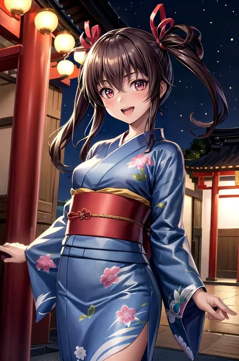 (masterpiece, best quality, detailed), 1girl, solo, looking at viewer, mizuki yukikaze, hair ribbon,
yukata, kimono, obi, print kimono, japanese clothes, short kimono, outdoors, night, torii, shrine, east asian architecture, arms behind back, smile, open mouth