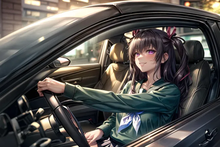 (unparalleled masterpiece,best quality, detailed), fine detail, highly detailed cg, perfect lighting, 8k, extremely detailed, 1girl, solo, car, driving car, car interior, sitting in car, holding steering wheel, smile, looking at viewer,
mizuki yukikaze, hair ribbon, school uniform, green shirt, serafuku, white neckerchief, long sleeves, pleated skirt, black skirt, black thighhighs,<lora:mizuki:1> <lora:more details:0.7>
