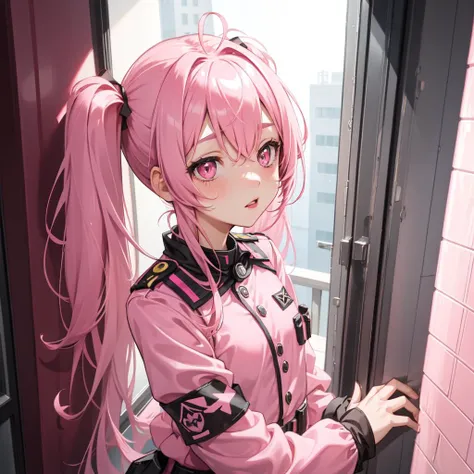 1girl, pink eyes, pink hair, twintails, pink military uniform, scenery, room