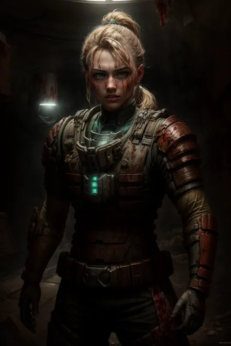 ((best quality)), ((masterpiece)), (detailed), hyperrealistic, sci-fi, photo of a girl wearing engineeringsuit standing in a space station, long blonde ponytail, green eyes, shiny armor, (dirty:1.2), (bloody:1.2), looking at viewer, realistic materials, dramatic lighting, wallpaper, intricate, sharp focus, ray tracing, rtx, professionally color graded, professional photography, high quality, 4k, 8k, raw <lora:engineeringsuit:0.6> <lora:add_detail:1.2> AS-Young, <lora:epi_noiseoffset2:1>