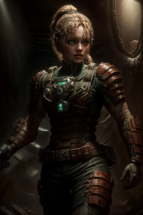 ((best quality)), ((masterpiece)), (detailed), hyperrealistic, sci-fi, 1girl, photo of a beautiful girl wearing engineeringsuit running in a space station, long blonde ponytail, green eyes, small breasts, very skinny, slender fit body, shiny armor, (dirty:1.2), (bloody:1.2), looking at viewer, from below, realistic materials, dramatic lighting, wallpaper, intricate, sharp focus, ray tracing, rtx, professionally color graded, professional photography, high quality, 4k, 8k, raw <lora:engineeringsuit:0.6> <lora:add_detail:1.2> (AS-Young:1.0), <lora:epi_noiseoffset2:1>, dynamic pose, <hypernet:sxzBloom_sxzBloom:0.2>