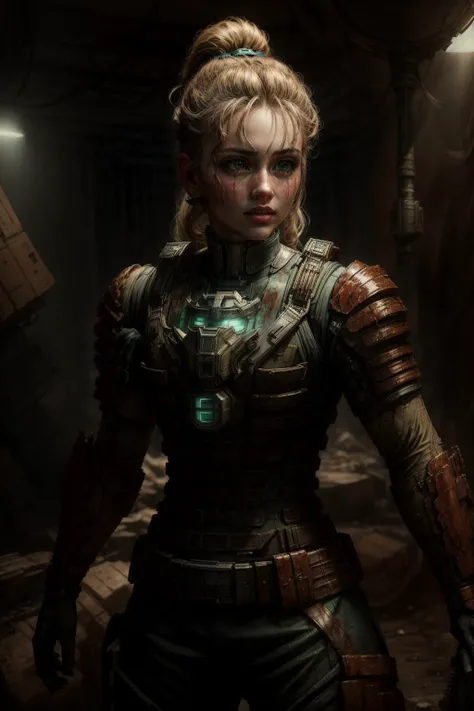 ((best quality)), ((masterpiece)), (detailed), hyperrealistic, sci-fi, 1girl, photo of a beautiful girl wearing engineeringsuit in a space station, long blonde ponytail, green eyes, small breasts, very skinny, slender fit body, shiny armor, (dirty:1.2), (bloody:1.2), looking at viewer, from below, realistic materials, dramatic lighting, wallpaper, intricate, sharp focus, ray tracing, rtx, professionally color graded, professional photography, high quality, 4k, 8k, raw <lora:engineeringsuit:0.6> <lora:add_detail:1.2> (AS-Young:1.0), <lora:epi_noiseoffset2:1>, dynamic pose, <hypernet:sxzBloom_sxzBloom:0.2>