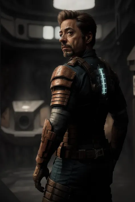 ((best quality)), ((masterpiece)), (detailed), hyperrealistic, sci-fi, 1man, cowboy shot of Robert Downey Jr wearing engineeringsuit walking in a space station, black hair, stylish short beard, arms behind back. shiny armor, (face:1.0), looking at viewer, from above, realistic materials, dramatic lighting, wallpaper, intricate, sharp focus, ray tracing, rtx, professionally color graded, professional photography, high quality, 4k, 8k, raw <lora:engineeringsuit:0.56>, robdowney65, detailed skin texture, (blush:0.5), (goosebumps:0.5), subsurface scattering