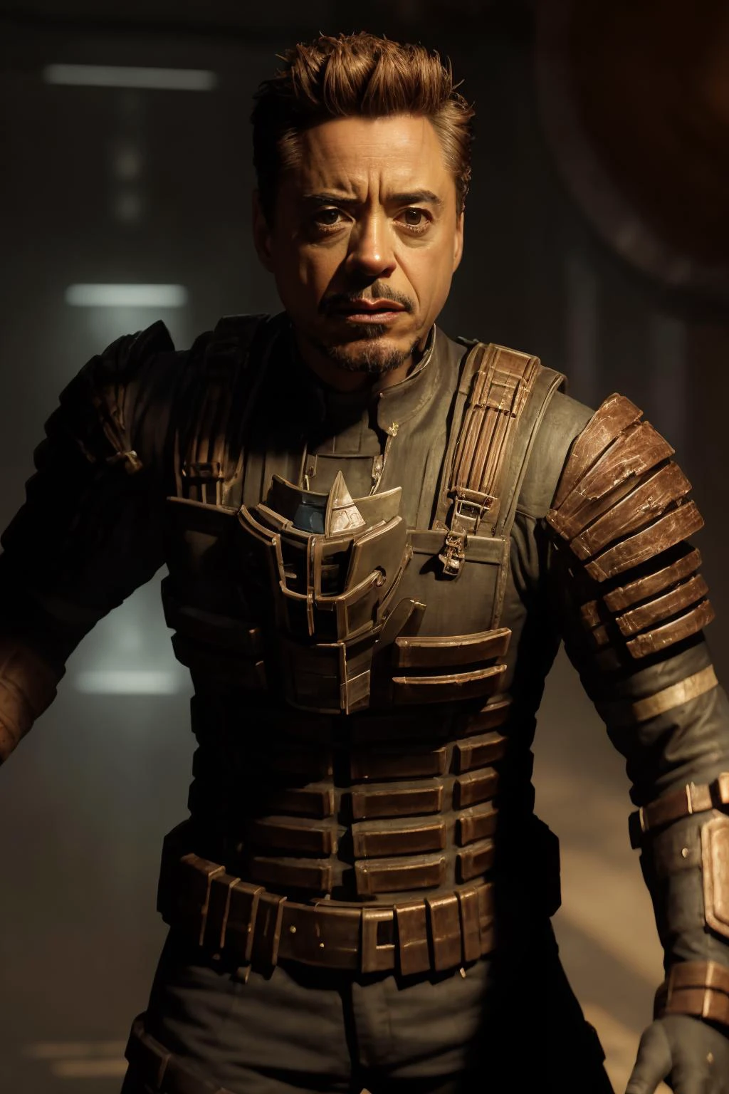 ((best quality)), ((masterpiece)), (detailed), hyperrealistic, sci-fi, 1man, photo of Robert Downey Jr wearing engineeringsuit walking in a space station, black hair, shiny armor, (face:1.5), looking ahead, from above, realistic materials, dramatic lighting, wallpaper, intricate, sharp focus, ray tracing, rtx, professionally color graded, professional photography, high quality, 4k, 8k, raw <lora:engineeringsuit:0.6>, <lora:epi_noiseoffset2:0.5>, <lora:lorarobertdj:0.6>, lorarobertdj, detailed skin texture, (blush:0.5), (goosebumps:0.5), subsurface scattering