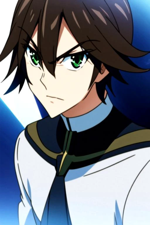 masterpiece, best quality, movie still, 1boy, male focus, <lora:teito_klein:0.63>, teito_klein, brown hair, green eyes, solo, looking at viewer, , , , , Ethereal Luminescence, Blu-ray, <lora:kill_la_kill_style:1>, kill_la_kill_style