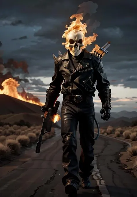 <lora:Ghost_Rider:0.8>, Ghost_Rider, burning, Walking, gun, holding gun