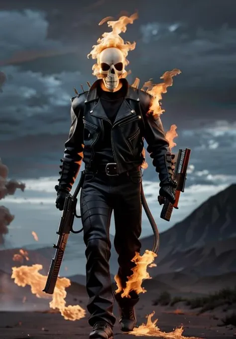 a kneeling ghost rider in front of a grave, next to a tree, rainy night, snow falling, detailed face, detailed leather clothing, dramatic lighting, moody atmosphere, cinematic composition, epic scale, dark fantasy, hyper detailed, 8k, cinematic lighting, dramatic shadows, brooding colors