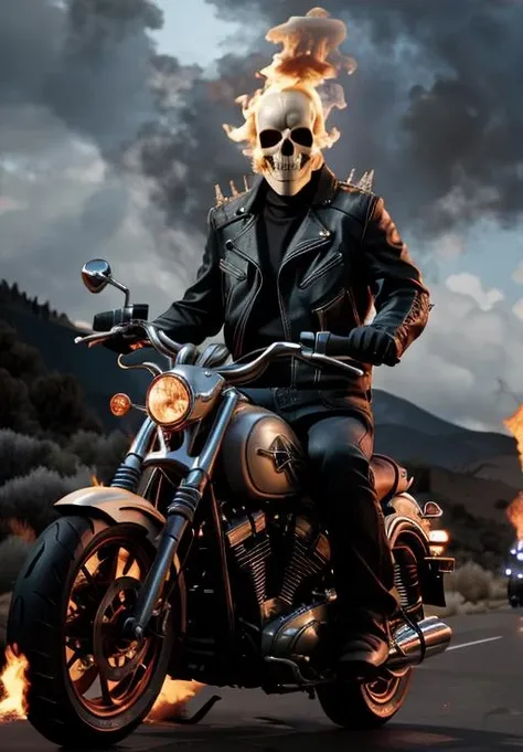<lora:Ghost_Rider:0.8>, Ghost_Rider, burning, Explosion background, riding motorcycle,