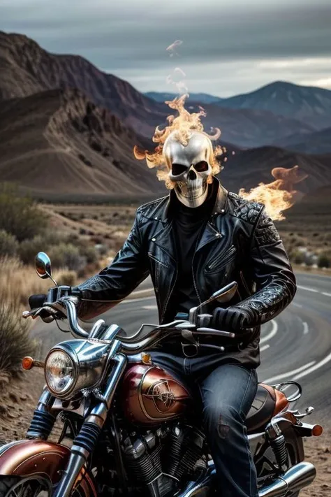 (masterpiece:1.3), (best quality:1.2), intricate details, (highly detailed skin:1.2), beauty photo, realistic, highres, dim lighting,
Ghost_Rider, motorbike, highly detailed background of a desert road, flamming head,
<lora:add_detail:1> <lora:Ghost_Rider:0.7>